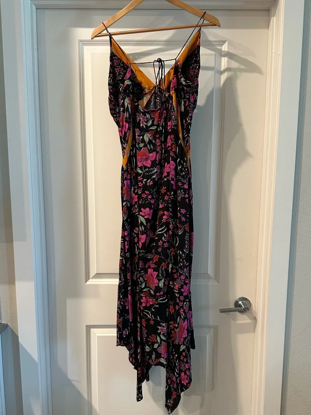 Free People Black Maxi Floral Slip Dress with Pink & Orange Trim Large